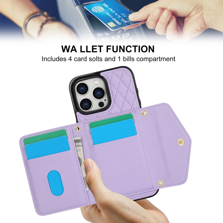 For iPhone 13 mini Splicing Rhombic Texture Card Bag Phone Case with Long Lanyard(Purple) - iPhone 13 mini Cases by buy2fix | Online Shopping UK | buy2fix
