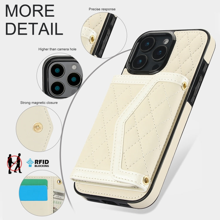 For iPhone 16 Pro Max Splicing Rhombic Texture Card Bag Phone Case with Long Lanyard(Beige) by buy2fix