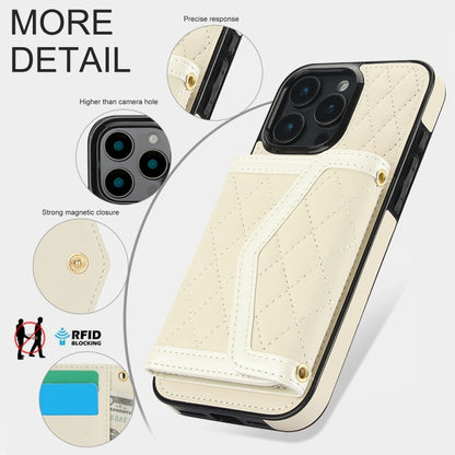 For iPhone 16 Pro Max Splicing Rhombic Texture Card Bag Phone Case with Long Lanyard(Beige) by buy2fix