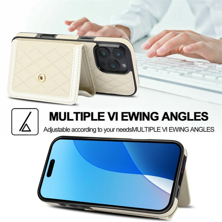 For iPhone 16 Pro Max Splicing Rhombic Texture Card Bag Phone Case with Long Lanyard(Beige) by buy2fix