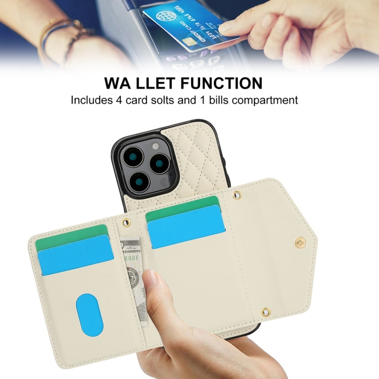 For iPhone 16 Pro Max Splicing Rhombic Texture Card Bag Phone Case with Long Lanyard(Beige) by buy2fix