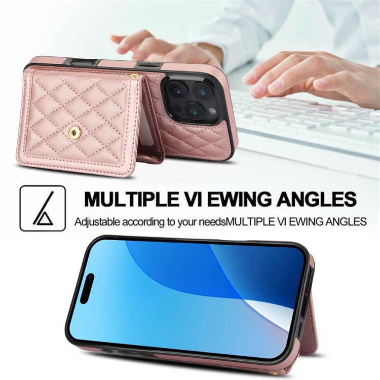 For iPhone 16 Pro Splicing Rhombic Texture Card Bag Phone Case with Long Lanyard(Rose Gold) - iPhone 16 Pro Cases by buy2fix | Online Shopping UK | buy2fix
