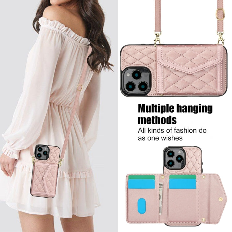 For iPhone 16 Pro Splicing Rhombic Texture Card Bag Phone Case with Long Lanyard(Rose Gold) - iPhone 16 Pro Cases by buy2fix | Online Shopping UK | buy2fix