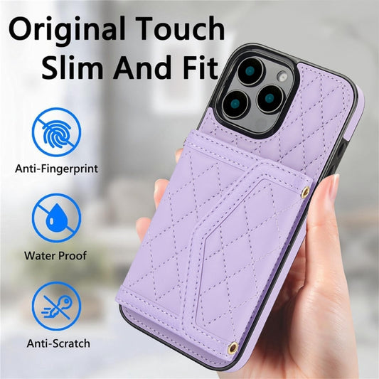 For iPhone 16 Pro Splicing Rhombic Texture Card Bag Phone Case with Long Lanyard(Purple) - iPhone 16 Pro Cases by buy2fix | Online Shopping UK | buy2fix