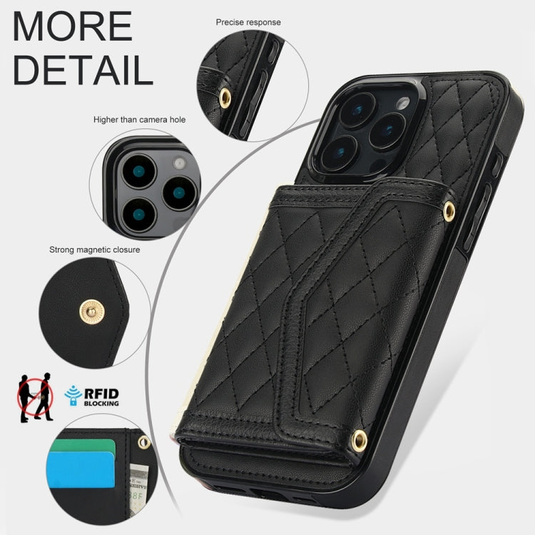 For iPhone 16 Pro Splicing Rhombic Texture Card Bag Phone Case with Long Lanyard(Black) - iPhone 16 Pro Cases by buy2fix | Online Shopping UK | buy2fix