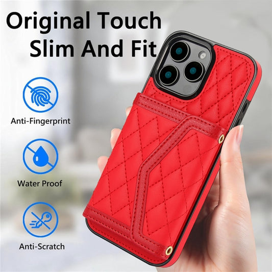 For iPhone 16 Pro Splicing Rhombic Texture Card Bag Phone Case with Long Lanyard(Red) - iPhone 16 Pro Cases by buy2fix | Online Shopping UK | buy2fix
