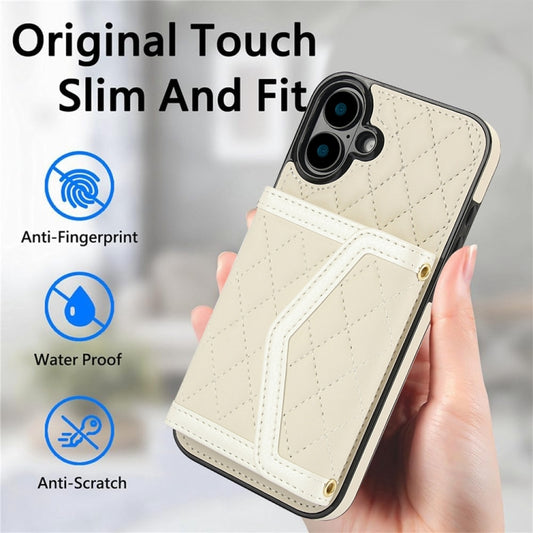 For iPhone 16 Plus Splicing Rhombic Texture Card Bag Phone Case with Long Lanyard(Beige) - iPhone 16 Plus Cases by buy2fix | Online Shopping UK | buy2fix
