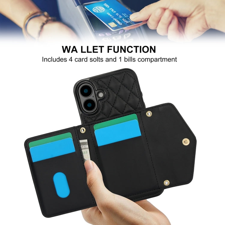 For iPhone 16 Plus Splicing Rhombic Texture Card Bag Phone Case with Long Lanyard(Black) - iPhone 16 Plus Cases by buy2fix | Online Shopping UK | buy2fix