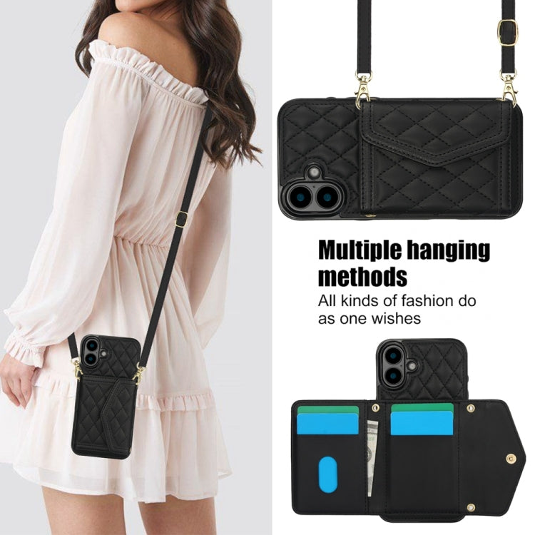 For iPhone 16 Plus Splicing Rhombic Texture Card Bag Phone Case with Long Lanyard(Black) - iPhone 16 Plus Cases by buy2fix | Online Shopping UK | buy2fix