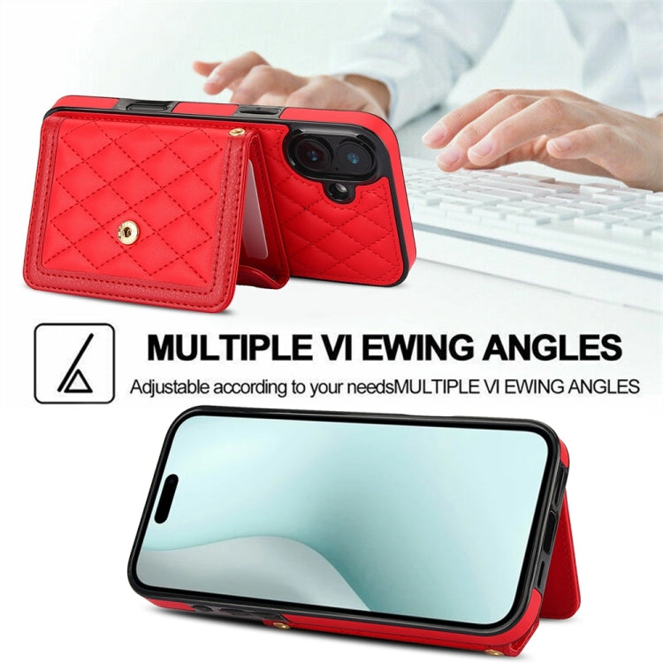 For iPhone 16 Plus Splicing Rhombic Texture Card Bag Phone Case with Long Lanyard(Red) - iPhone 16 Plus Cases by buy2fix | Online Shopping UK | buy2fix