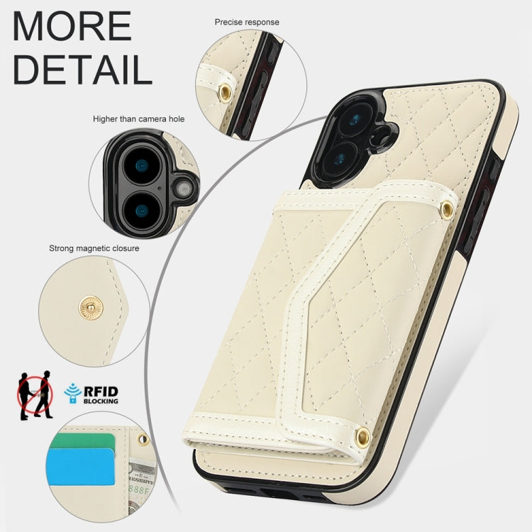 For iPhone 16 Splicing Rhombic Texture Card Bag Phone Case with Long Lanyard(Beige) - iPhone 16 Cases by buy2fix | Online Shopping UK | buy2fix