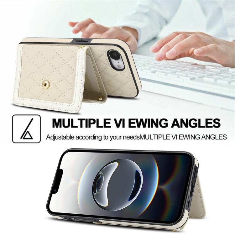 For iPhone 16e Splicing Rhombic Texture Card Bag Phone Case with Long Lanyard(Beige) - iPhone 16e Cases by buy2fix | Online Shopping UK | buy2fix
