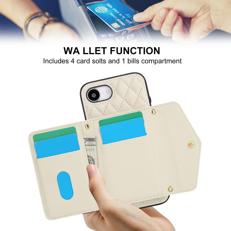 For iPhone 16e Splicing Rhombic Texture Card Bag Phone Case with Long Lanyard(Beige) - iPhone 16e Cases by buy2fix | Online Shopping UK | buy2fix