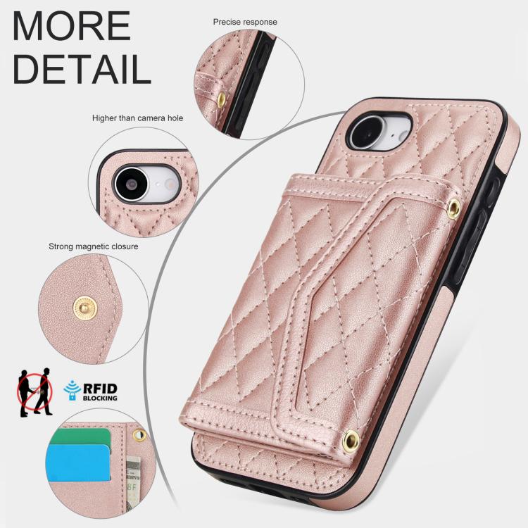 For iPhone 16e Splicing Rhombic Texture Card Bag Phone Case with Long Lanyard(Rose Gold) - iPhone 16e Cases by buy2fix | Online Shopping UK | buy2fix
