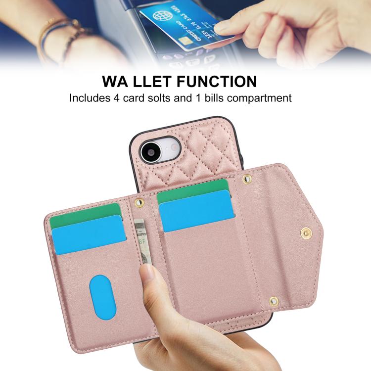 For iPhone 16e Splicing Rhombic Texture Card Bag Phone Case with Long Lanyard(Rose Gold) - iPhone 16e Cases by buy2fix | Online Shopping UK | buy2fix