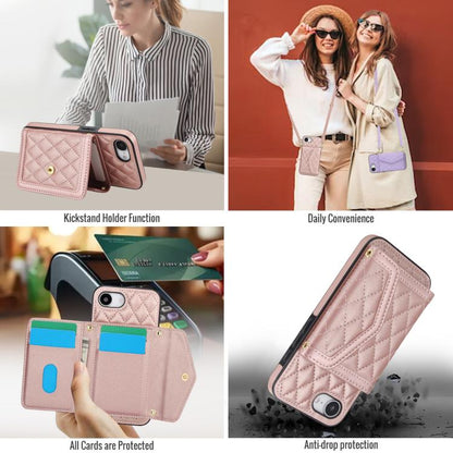For iPhone 16e Splicing Rhombic Texture Card Bag Phone Case with Long Lanyard(Rose Gold) - iPhone 16e Cases by buy2fix | Online Shopping UK | buy2fix