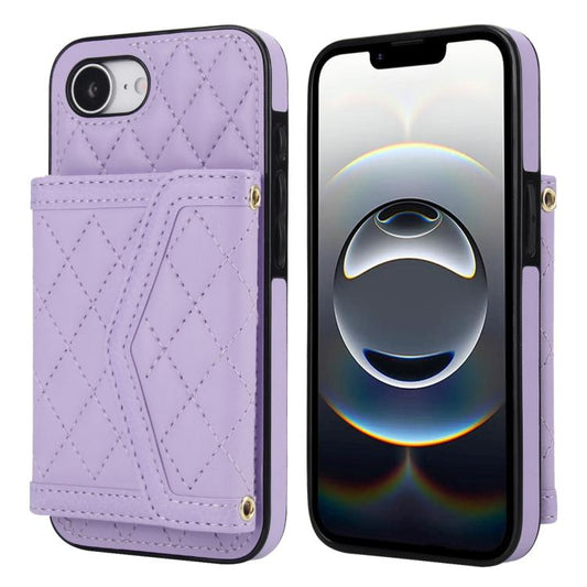 For iPhone 16e Splicing Rhombic Texture Card Bag Phone Case with Long Lanyard(Purple) - iPhone 16e Cases by buy2fix | Online Shopping UK | buy2fix