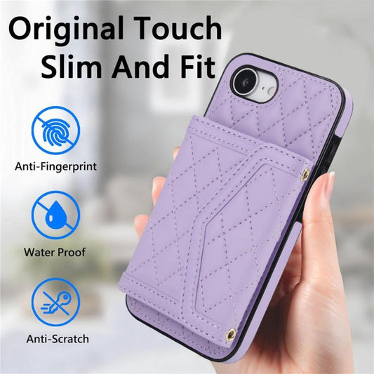 For iPhone 16e Splicing Rhombic Texture Card Bag Phone Case with Long Lanyard(Purple) - iPhone 16e Cases by buy2fix | Online Shopping UK | buy2fix