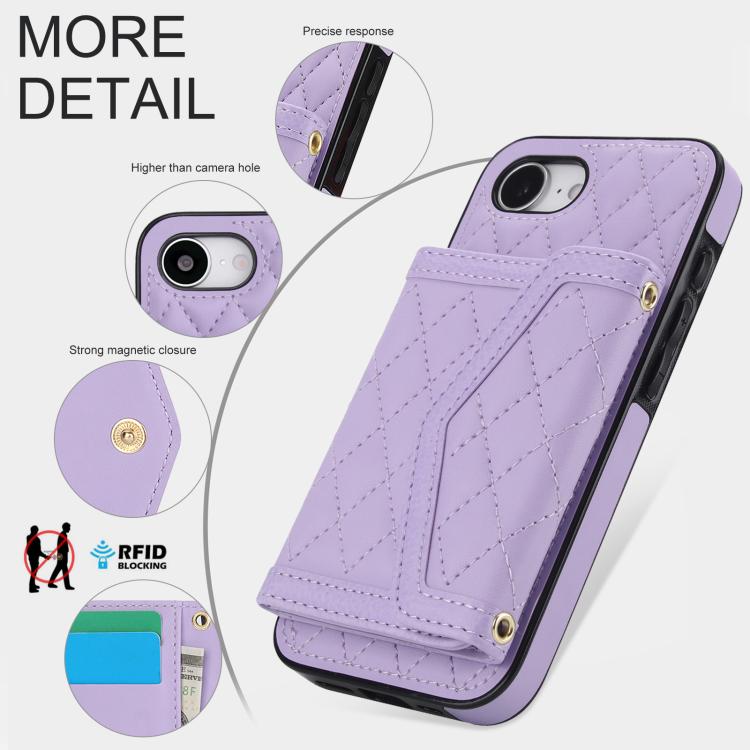 For iPhone 16e Splicing Rhombic Texture Card Bag Phone Case with Long Lanyard(Purple) - iPhone 16e Cases by buy2fix | Online Shopping UK | buy2fix