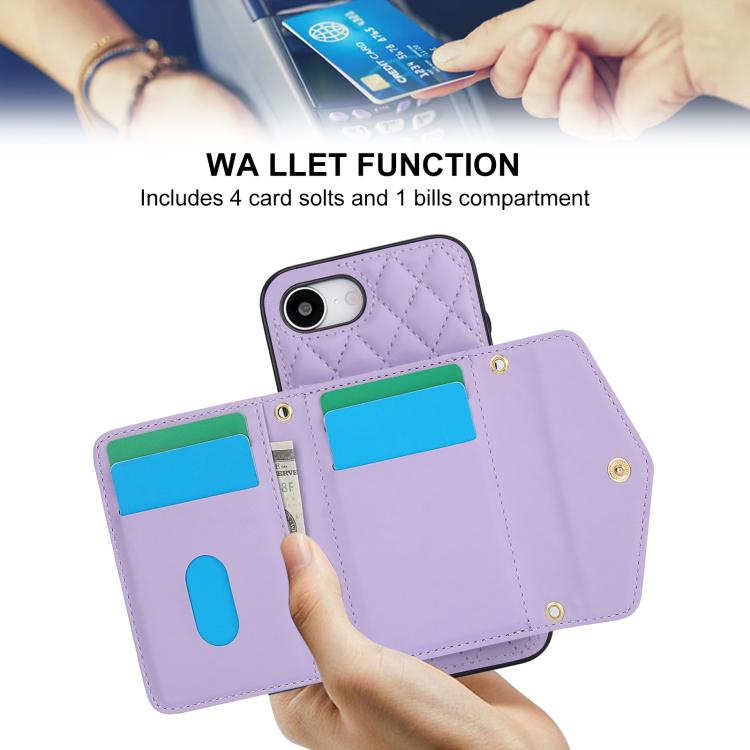 For iPhone 16e Splicing Rhombic Texture Card Bag Phone Case with Long Lanyard(Purple) - iPhone 16e Cases by buy2fix | Online Shopping UK | buy2fix