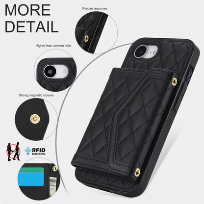 For iPhone 16e Splicing Rhombic Texture Card Bag Phone Case with Long Lanyard(Black) - iPhone 16e Cases by buy2fix | Online Shopping UK | buy2fix