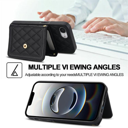 For iPhone 16e Splicing Rhombic Texture Card Bag Phone Case with Long Lanyard(Black) - iPhone 16e Cases by buy2fix | Online Shopping UK | buy2fix