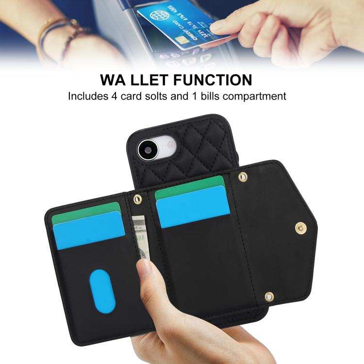 For iPhone 16e Splicing Rhombic Texture Card Bag Phone Case with Long Lanyard(Black) - iPhone 16e Cases by buy2fix | Online Shopping UK | buy2fix