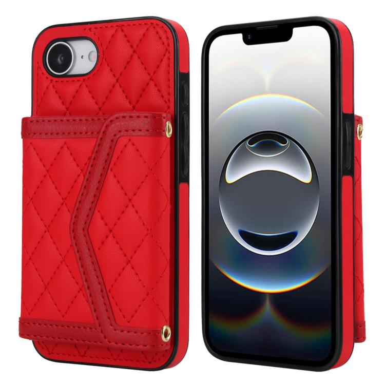 For iPhone 16e Splicing Rhombic Texture Card Bag Phone Case with Long Lanyard(Red) - iPhone 16e Cases by buy2fix | Online Shopping UK | buy2fix