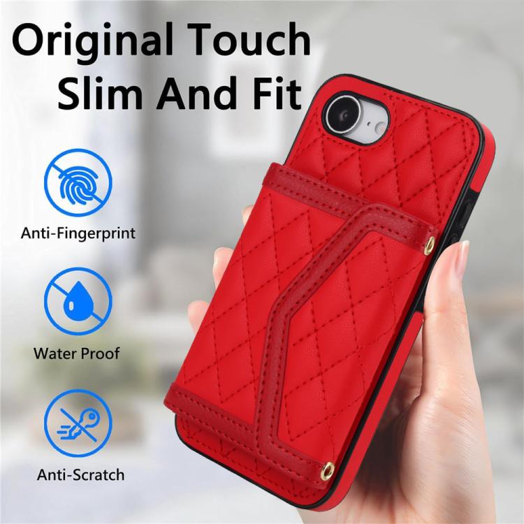 For iPhone 16e Splicing Rhombic Texture Card Bag Phone Case with Long Lanyard(Red) - iPhone 16e Cases by buy2fix | Online Shopping UK | buy2fix