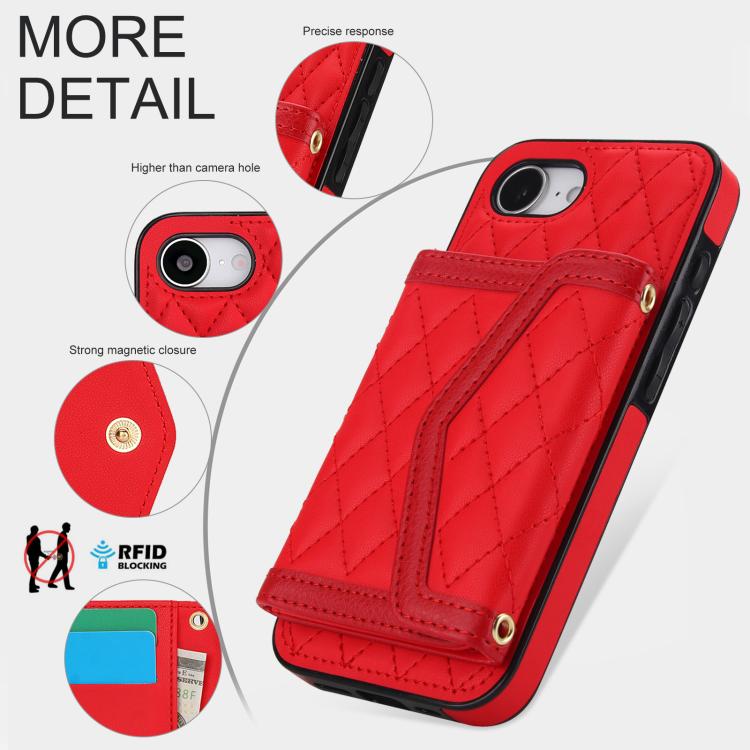 For iPhone 16e Splicing Rhombic Texture Card Bag Phone Case with Long Lanyard(Red) - iPhone 16e Cases by buy2fix | Online Shopping UK | buy2fix