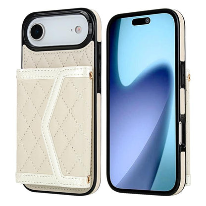 For iPhone Air Splicing Rhombic Texture Card Bag Phone Case with Long Lanyard(Beige) - iPhone Air Cases by buy2fix | Online Shopping UK | buy2fix