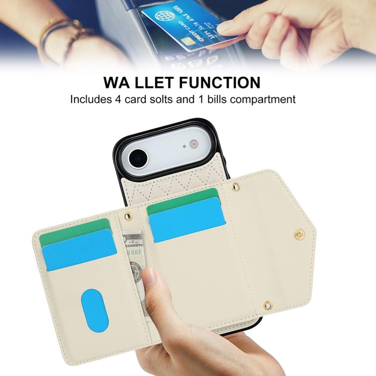 For iPhone Air Splicing Rhombic Texture Card Bag Phone Case with Long Lanyard(Beige) - iPhone Air Cases by buy2fix | Online Shopping UK | buy2fix