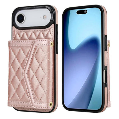 For iPhone Air Splicing Rhombic Texture Card Bag Phone Case with Long Lanyard(Rose Gold) - iPhone Air Cases by buy2fix | Online Shopping UK | buy2fix