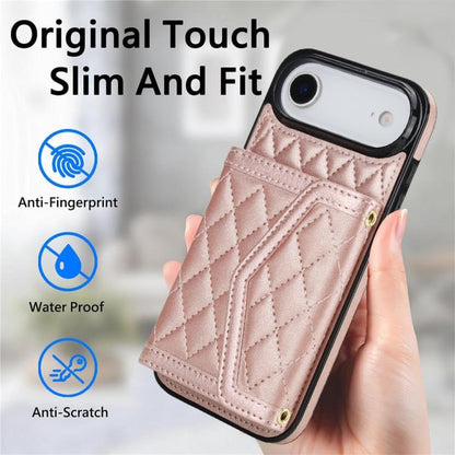 For iPhone Air Splicing Rhombic Texture Card Bag Phone Case with Long Lanyard(Rose Gold) - iPhone Air Cases by buy2fix | Online Shopping UK | buy2fix