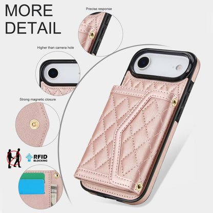 For iPhone Air Splicing Rhombic Texture Card Bag Phone Case with Long Lanyard(Rose Gold) - iPhone Air Cases by buy2fix | Online Shopping UK | buy2fix