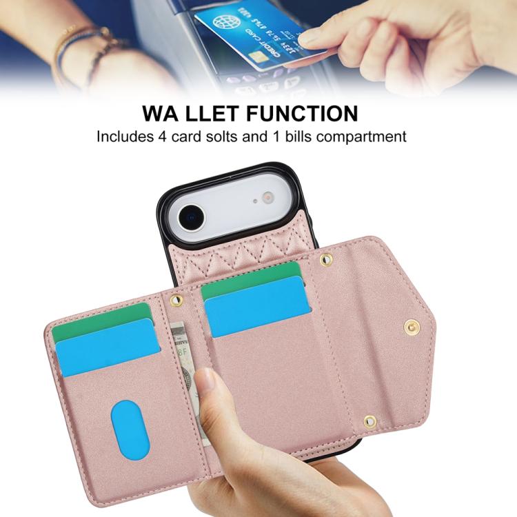 For iPhone Air Splicing Rhombic Texture Card Bag Phone Case with Long Lanyard(Rose Gold) - iPhone Air Cases by buy2fix | Online Shopping UK | buy2fix