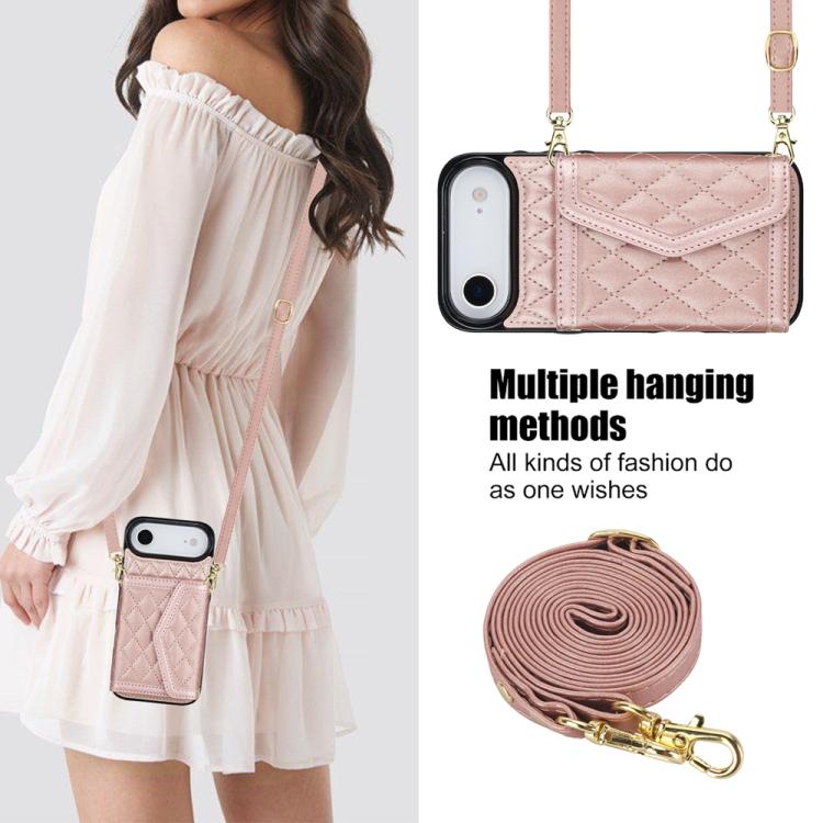 For iPhone Air Splicing Rhombic Texture Card Bag Phone Case with Long Lanyard(Rose Gold) - iPhone Air Cases by buy2fix | Online Shopping UK | buy2fix