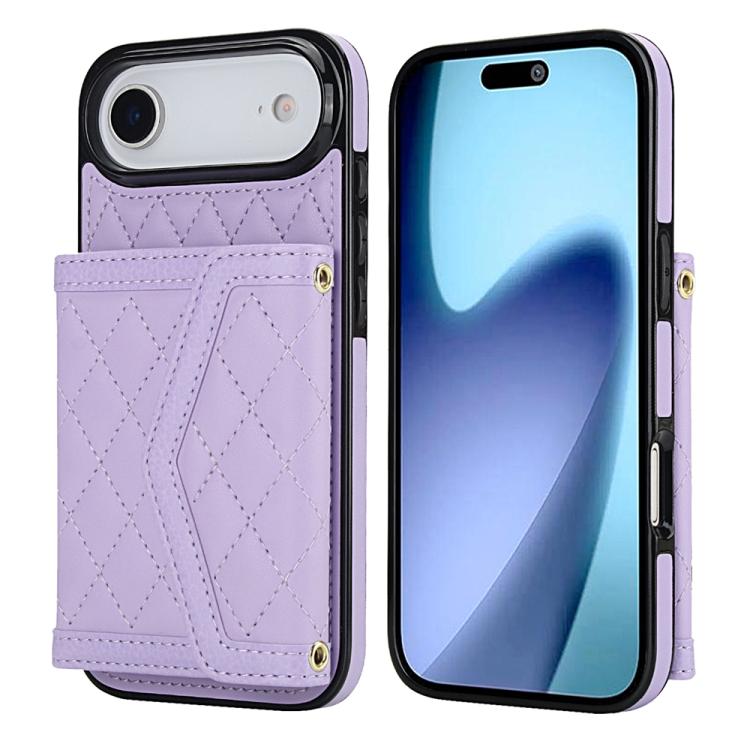 For iPhone Air Splicing Rhombic Texture Card Bag Phone Case with Long Lanyard(Purple) - iPhone Air Cases by buy2fix | Online Shopping UK | buy2fix