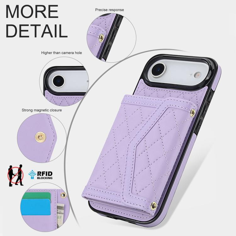 For iPhone Air Splicing Rhombic Texture Card Bag Phone Case with Long Lanyard(Purple) - iPhone Air Cases by buy2fix | Online Shopping UK | buy2fix