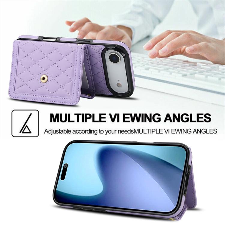 For iPhone Air Splicing Rhombic Texture Card Bag Phone Case with Long Lanyard(Purple) - iPhone Air Cases by buy2fix | Online Shopping UK | buy2fix