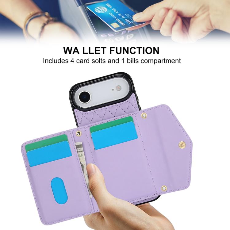 For iPhone Air Splicing Rhombic Texture Card Bag Phone Case with Long Lanyard(Purple) - iPhone Air Cases by buy2fix | Online Shopping UK | buy2fix