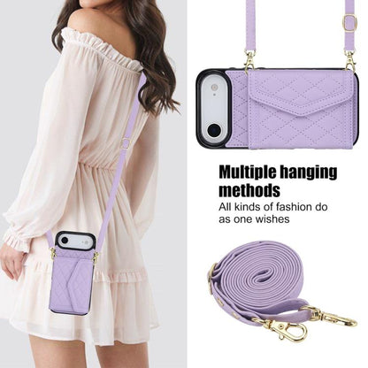 For iPhone Air Splicing Rhombic Texture Card Bag Phone Case with Long Lanyard(Purple) - iPhone Air Cases by buy2fix | Online Shopping UK | buy2fix