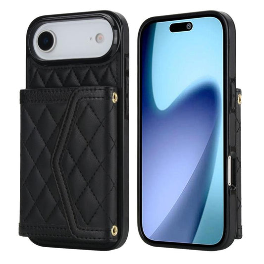For iPhone Air Splicing Rhombic Texture Card Bag Phone Case with Long Lanyard(Black) - iPhone Air Cases by buy2fix | Online Shopping UK | buy2fix