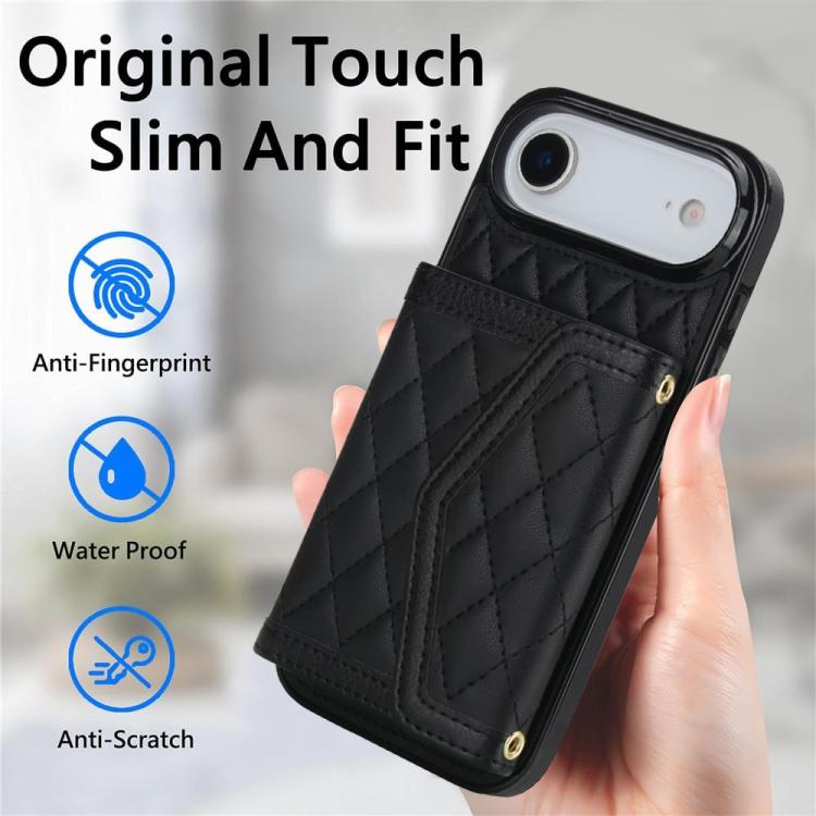 For iPhone Air Splicing Rhombic Texture Card Bag Phone Case with Long Lanyard(Black) - iPhone Air Cases by buy2fix | Online Shopping UK | buy2fix