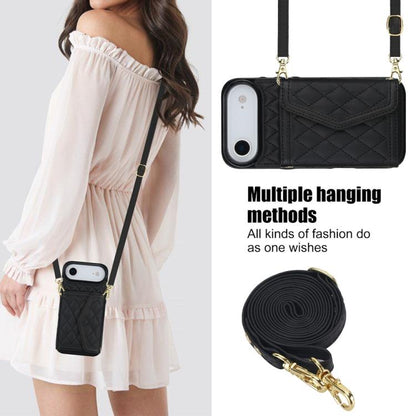 For iPhone Air Splicing Rhombic Texture Card Bag Phone Case with Long Lanyard(Black) - iPhone Air Cases by buy2fix | Online Shopping UK | buy2fix