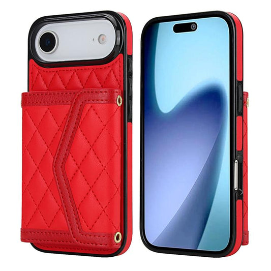 For iPhone Air Splicing Rhombic Texture Card Bag Phone Case with Long Lanyard(Red) - iPhone Air Cases by buy2fix | Online Shopping UK | buy2fix
