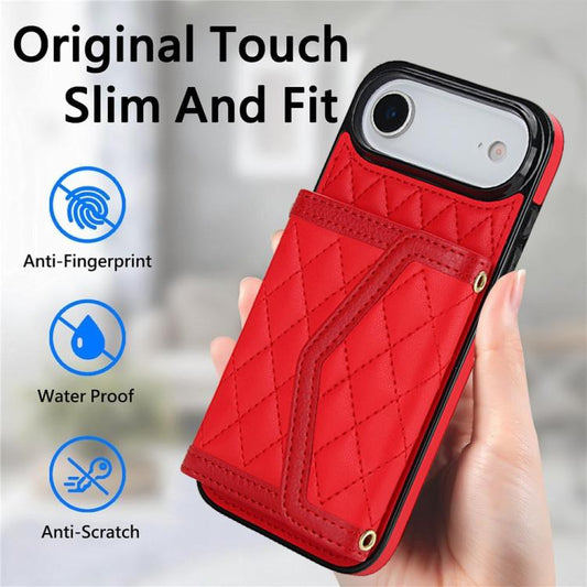 For iPhone Air Splicing Rhombic Texture Card Bag Phone Case with Long Lanyard(Red) - iPhone Air Cases by buy2fix | Online Shopping UK | buy2fix