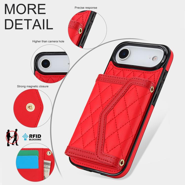 For iPhone Air Splicing Rhombic Texture Card Bag Phone Case with Long Lanyard(Red) - iPhone Air Cases by buy2fix | Online Shopping UK | buy2fix