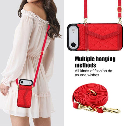 For iPhone Air Splicing Rhombic Texture Card Bag Phone Case with Long Lanyard(Red) - iPhone Air Cases by buy2fix | Online Shopping UK | buy2fix