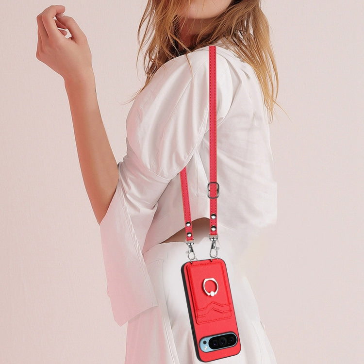 For Google Pixel 9 / 9 Pro R20 Crossbody Rope Ring Card Holder Phone Case(Red) by buy2fix
